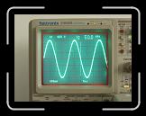 CH1 leveled 6 Division sine wave @ 50KHz. See next picture as the leveled sine wave frequency is increased. (The small sine wave in the center of the CRT is a reflection off the camaera lens)